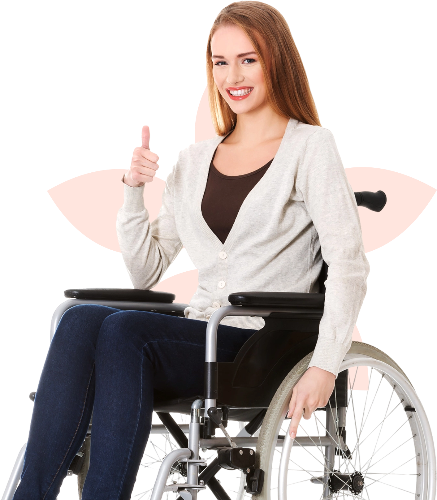 Smiling woman in wheelchair giving thumbs up.