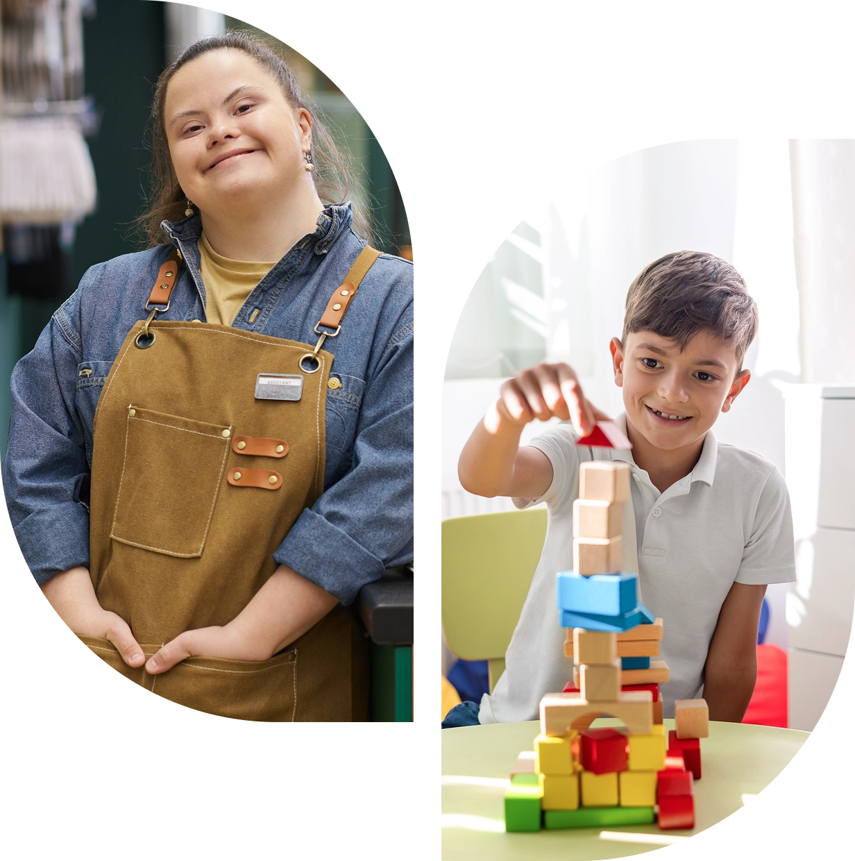 Smiling girl and boy building block tower.