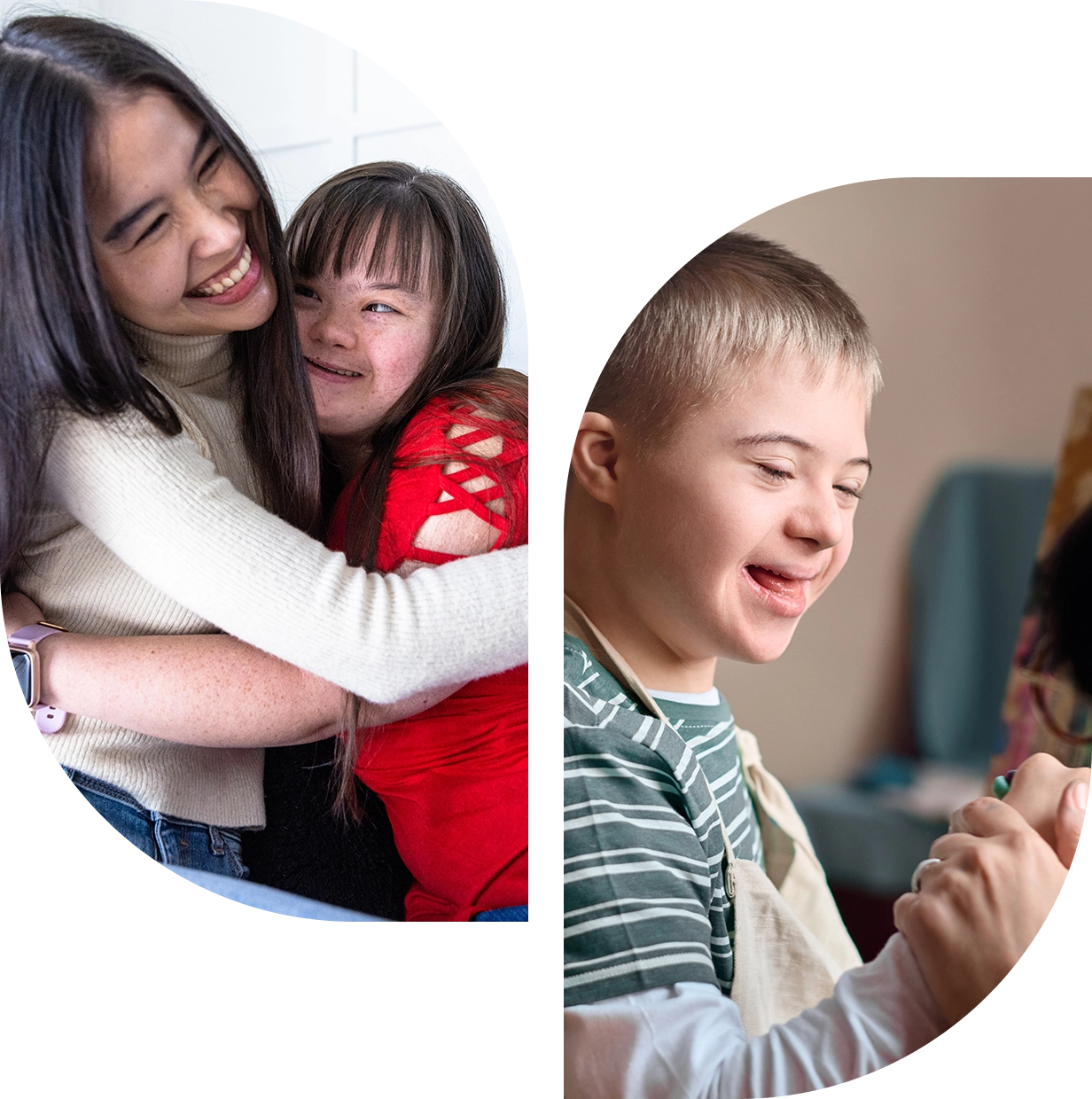 Smiling friends and child painting joyfully.
